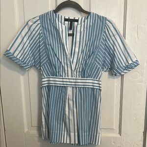 NWOT BCBGMaxAzria Blue and White Flutter Sleeve Blouse